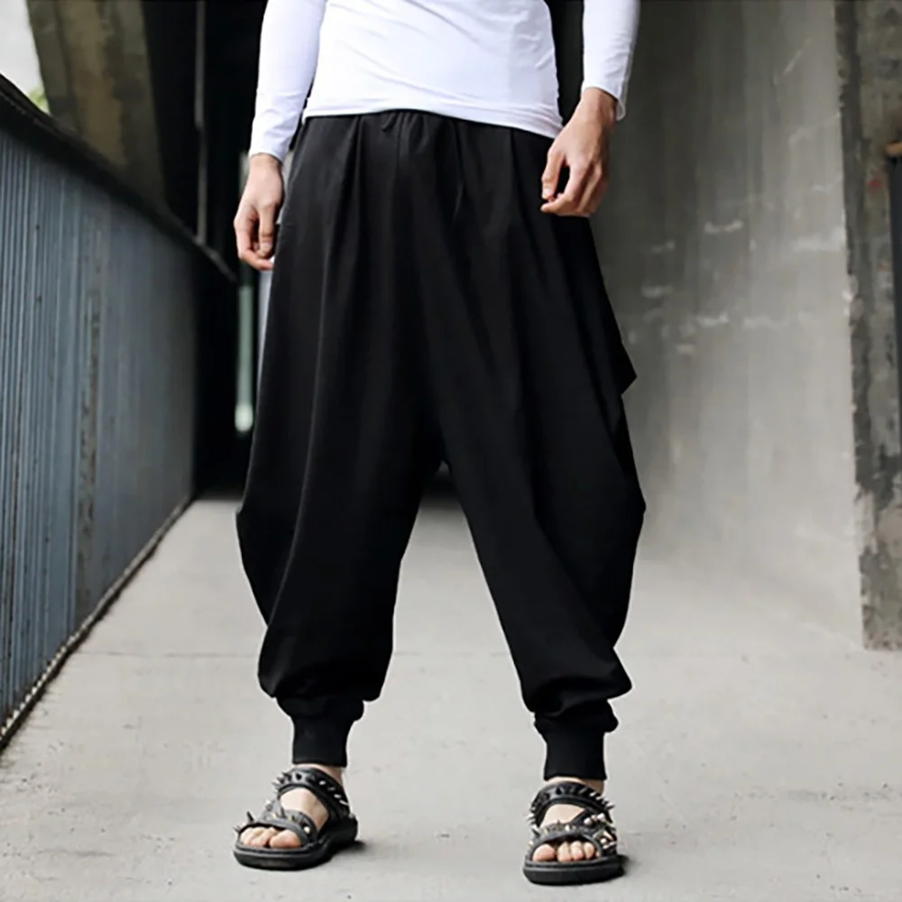 

Men Harem Baggy Pants Men Hakama Linen Casual Wide Leg Mens Pants Japanese Trousers Men Cross-pants Crotch Pants Pantalon