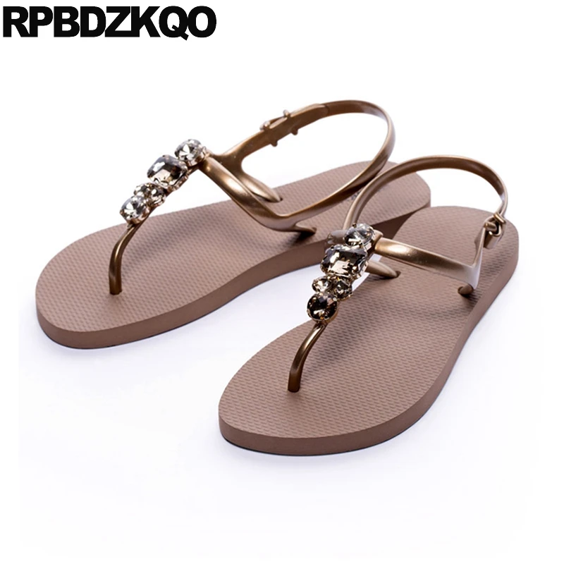 

Jewel T Strap Beach Diamond Holiday 2021 Thong Women Shoes Sandals Leisure Fashion Bohemia Style Rhinestone Gold Slingback Flat