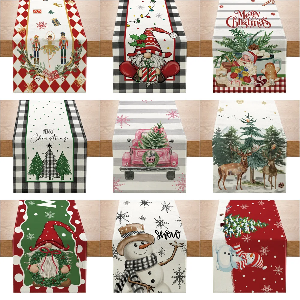 

33x180 см Рождественская настольная дорожка, мультяшный Санта-Клаус, снеговик, Искусственная елка, настольная скатерть с рисунком, Рождественский Декор для дома 2023