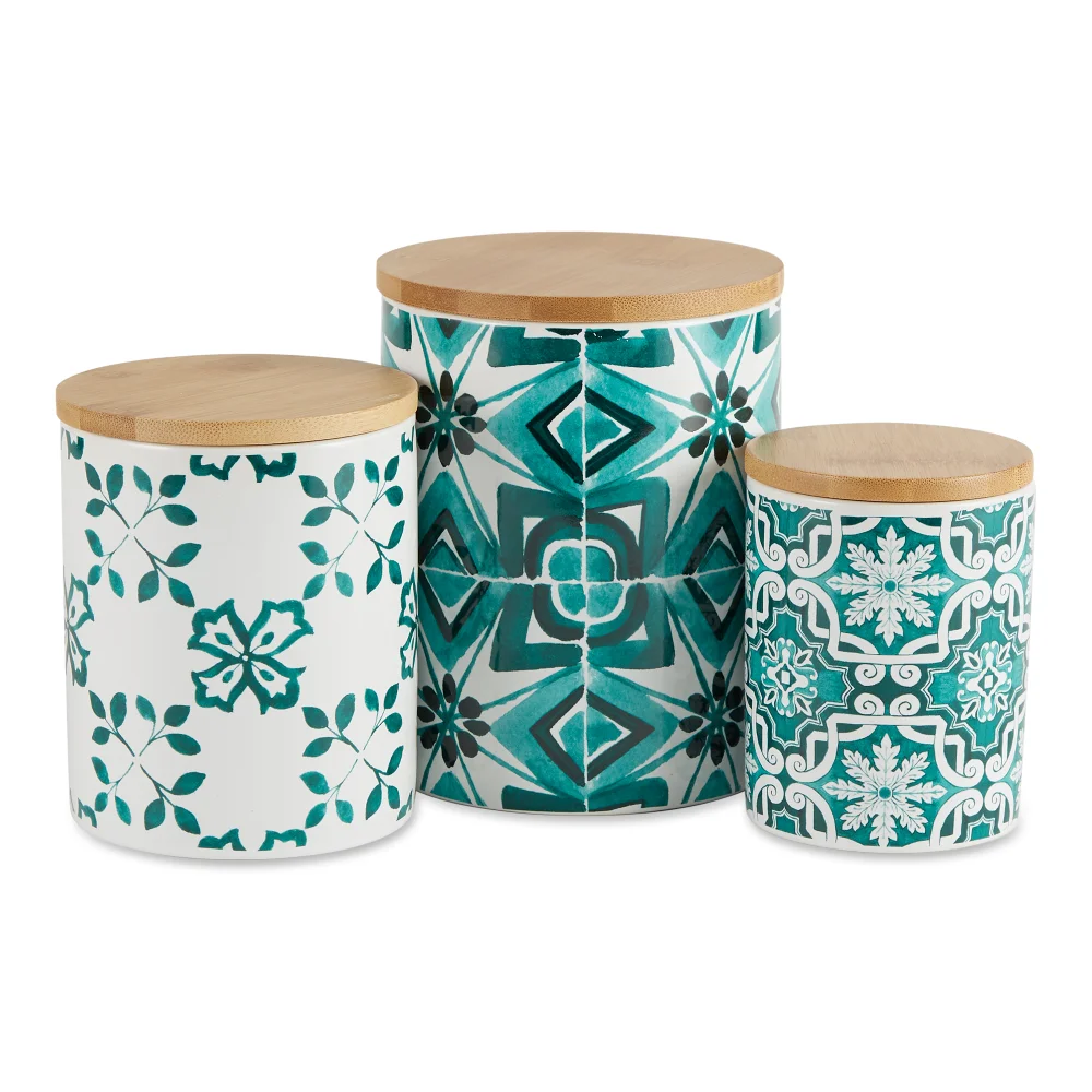 Rangement Cuisine Teal Tile Ceramic Canister (Set Of 3) Container Condiments Container Set Storage Containers 
Rangement Cuisine Teal Tile Ceramic Canister (Set Of 3) Container Condiments Container Set Storage Containers