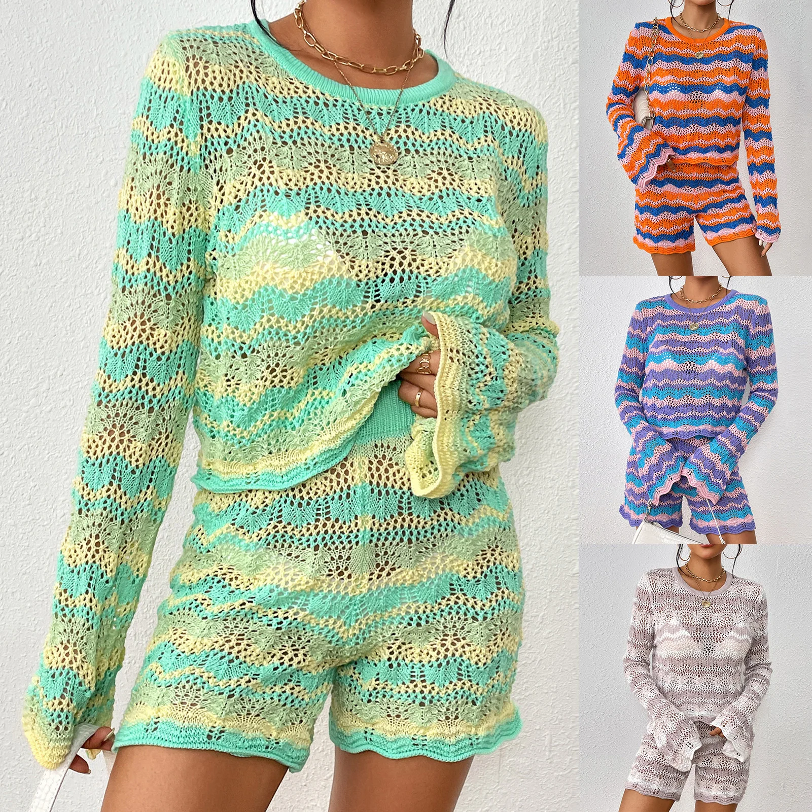 Female Sweater Shorts Set Slim Fit Knit Long Sleeve Top and Shorts Sets Comfy Casual Hollow Out Daily Wear Beachwear Outfit Sets
Female Sweater Shorts Set Slim Fit Knit Long Sleeve Top and Shorts Sets Comfy Casual Hollow Out Daily Wear Beachwear Outfit Sets