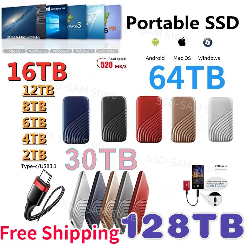 Оригинальный Портативный SSD-диск 2,5 дюйма с интерфейсом Type-C/USB3.1, большая память 128 ТБ/8 ТБ, мини внешний жесткий диск для ноутбука/PS4/ПК
Оригинальный Портативный SSD-диск 2,5 дюйма с интерфейсом Type-C/USB3.1, большая память 128 ТБ/8 ТБ, мини внешний жесткий диск для ноутбука/PS4/ПК