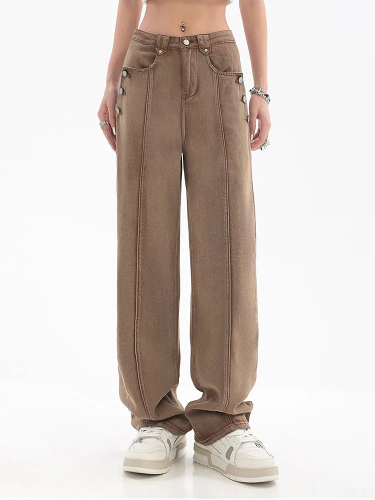 

Джинсы женские прямые с завышенной талией, Модные свободные брюки-багги, повседневные штаны в уличном стиле, коричневые, Y2k, осень 2022