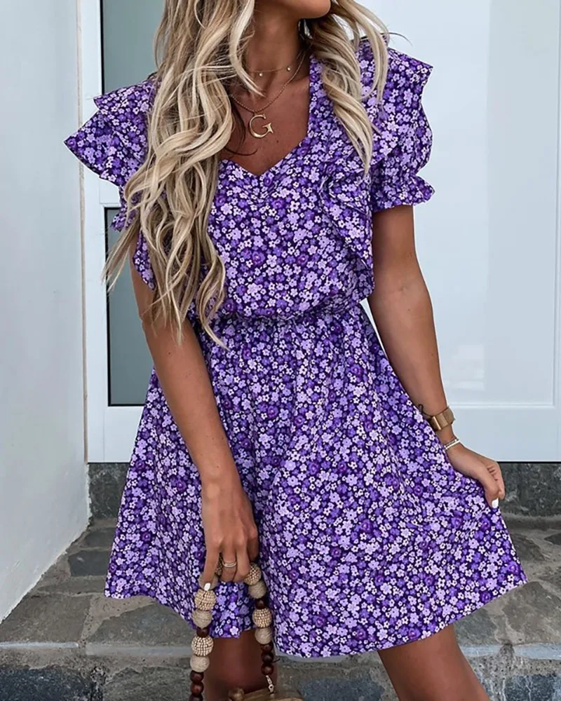 Women's Floral Print Dress Layered Ruffles Sleeve V-neck Dress Casual Style Lace-up Clothes
Women's Floral Print Dress Layered Ruffles Sleeve V-neck Dress Casual Style Lace-up Clothes
