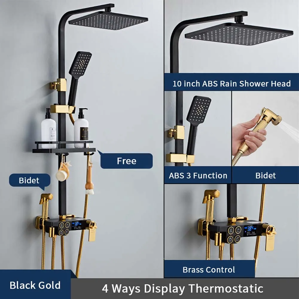 Black Gold Display Thermostatic Shower Faucet Set Rainfall Bathtub Tap With Bathroom Shelf Water Flow Produces Power Generation
Black Gold Display Thermostatic Shower Faucet Set Rainfall Bathtub Tap With Bathroom Shelf Water Flow Produces Power Generation