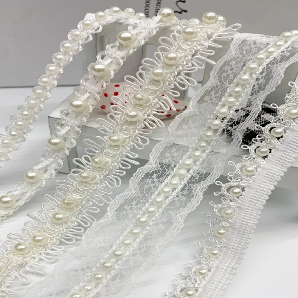 

1yards Pearl Beaded Lace Ribbon Lace Trim White Lace Fabric Ribbon Beaded Fringe Lace Applique Materials Clothing Accessories