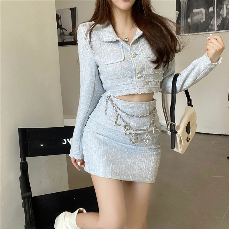 Autumn Tweed Two Piece Sets Womens Fashion Long Sleeve Short Coat + A Mini Skirt Clothes for 2023 Skirt Sets with Letter Chain
Autumn Tweed Two Piece Sets Womens Fashion Long Sleeve Short Coat + A Mini Skirt Clothes for 2023 Skirt Sets with Letter Chain