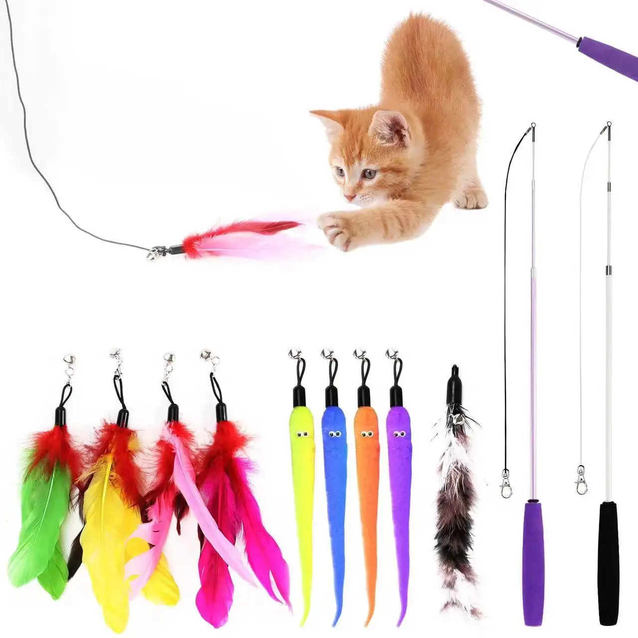 

Retractable Cat Feather Toy Set Retractable Cat Wand Toys and Replacement Teaser with Bell Refills Cat Toy for Indoor Cats Toys