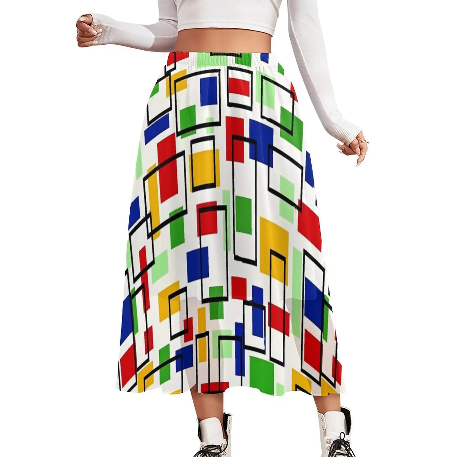 

De Stijl Skirt Women Mondrian Print Retro Boho Skirts Graphic Elastic Waist Aesthetic Casual Skirt Big Size 2XL 3XL