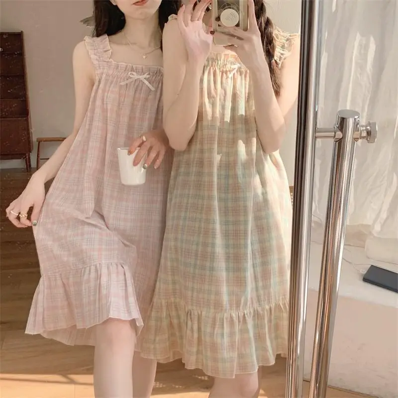 Plaid Night Dress Women Korean Style Sleepwear Pajamas Spaghetti Strap Night Wears Ruffles Bow Nightgown for Sleep Ladies 2023
Plaid Night Dress Women Korean Style Sleepwear Pajamas Spaghetti Strap Night Wears Ruffles Bow Nightgown for Sleep Ladies 2023
