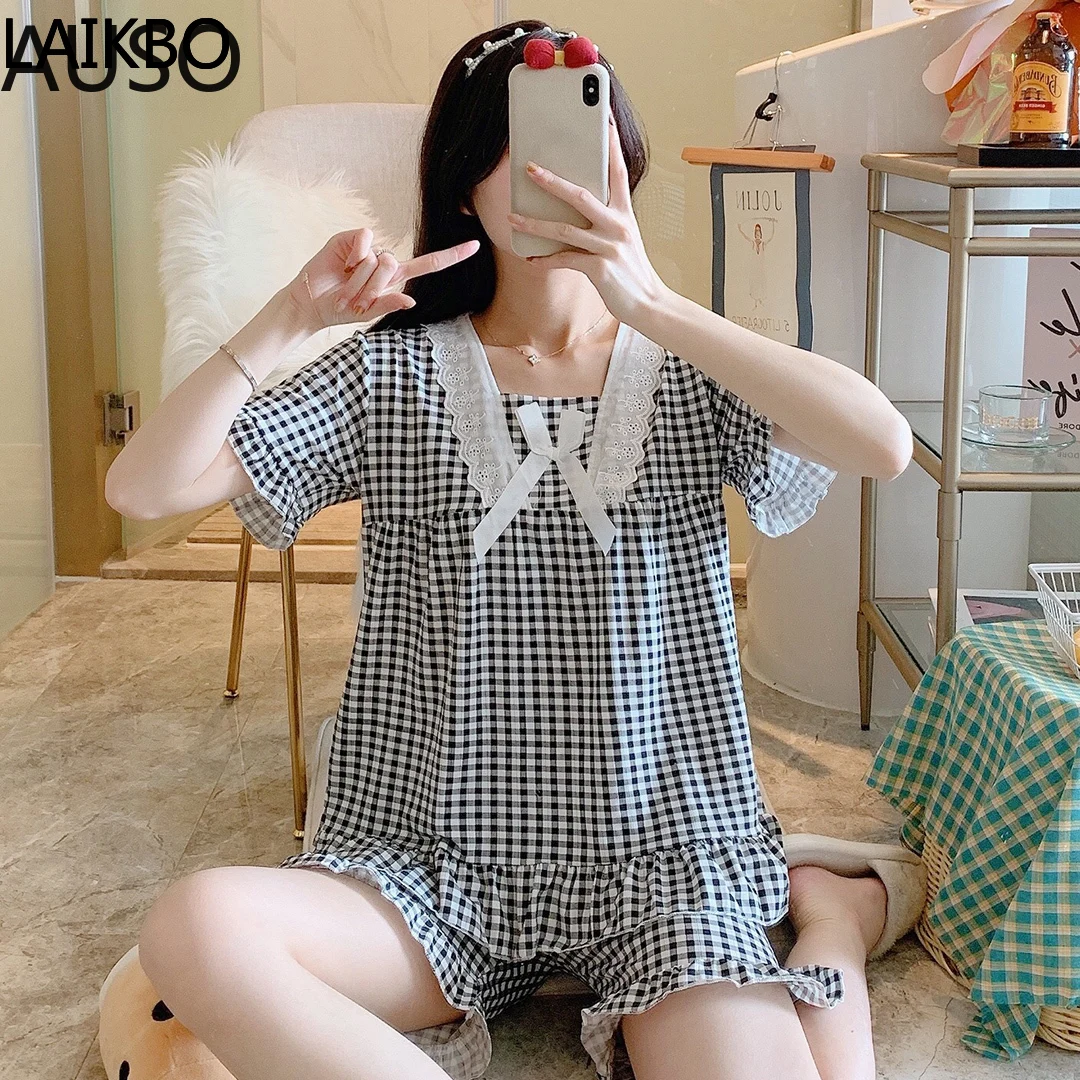 Female Sleep Two Piece Set Female short sleeved Cute Loungewear Womens Cotton Pajamas Pyjamas Set ladies Sleepwear Pijama Suit
Female Sleep Two Piece Set Female short sleeved Cute Loungewear Womens Cotton Pajamas Pyjamas Set ladies Sleepwear Pijama Suit