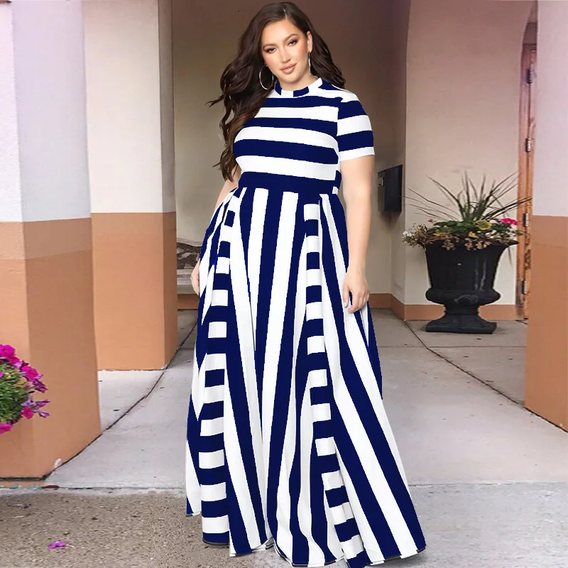 Plus-size dress European summer and autumn women's loose round collar horizontal and vertical stripes
Plus-size dress European summer and autumn women's loose round collar horizontal and vertical stripes