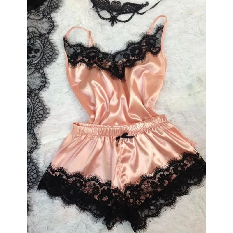 Women's Sleepwear Sexy Satin Pajama Set Black Lace V-Neck Pyjamas Sleeveless Cute Cami Top And Shorts
Women's Sleepwear Sexy Satin Pajama Set Black Lace V-Neck Pyjamas Sleeveless Cute Cami Top And Shorts