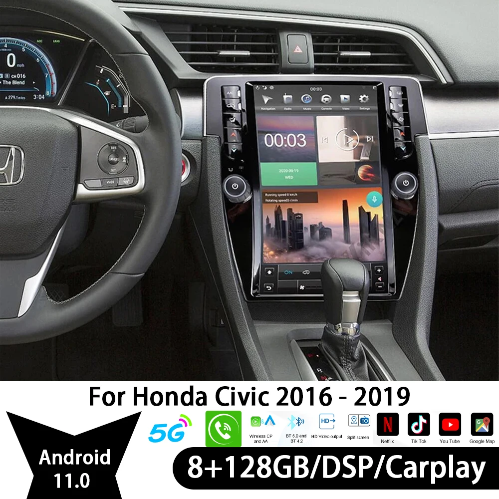 

Для Honda Civic 2016-2019 центральный мультимедийный 2 Din Android 11 DVD GPS Carplay Bluetooth беспроводной экран Тесла автомобильное радио 8G + 128 ГБ