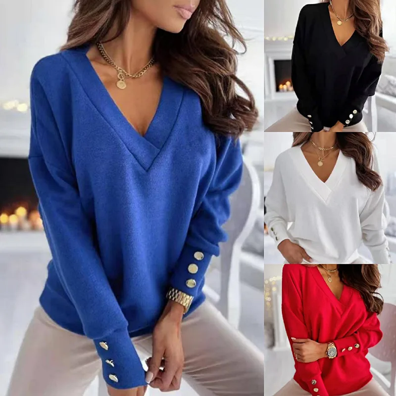 

New Arrival V-neck Sweater Buttons on Cuffs Solid Color Women Clothing Casual Pullovers Long Sleeve Fashion Women Autumn