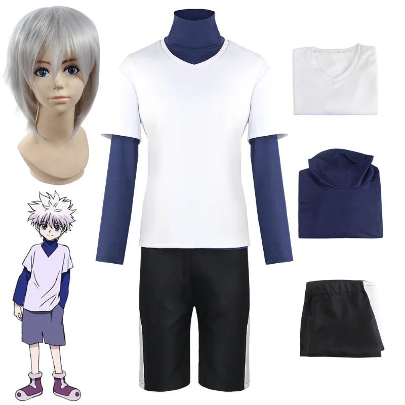 

Костюм для косплея аниме Hunter X Hunter Killua Zoldyck, Спортивная футболка, костюм на Хэллоуин, Рождество, вечеринку, футболка, парик, спортивная одежда