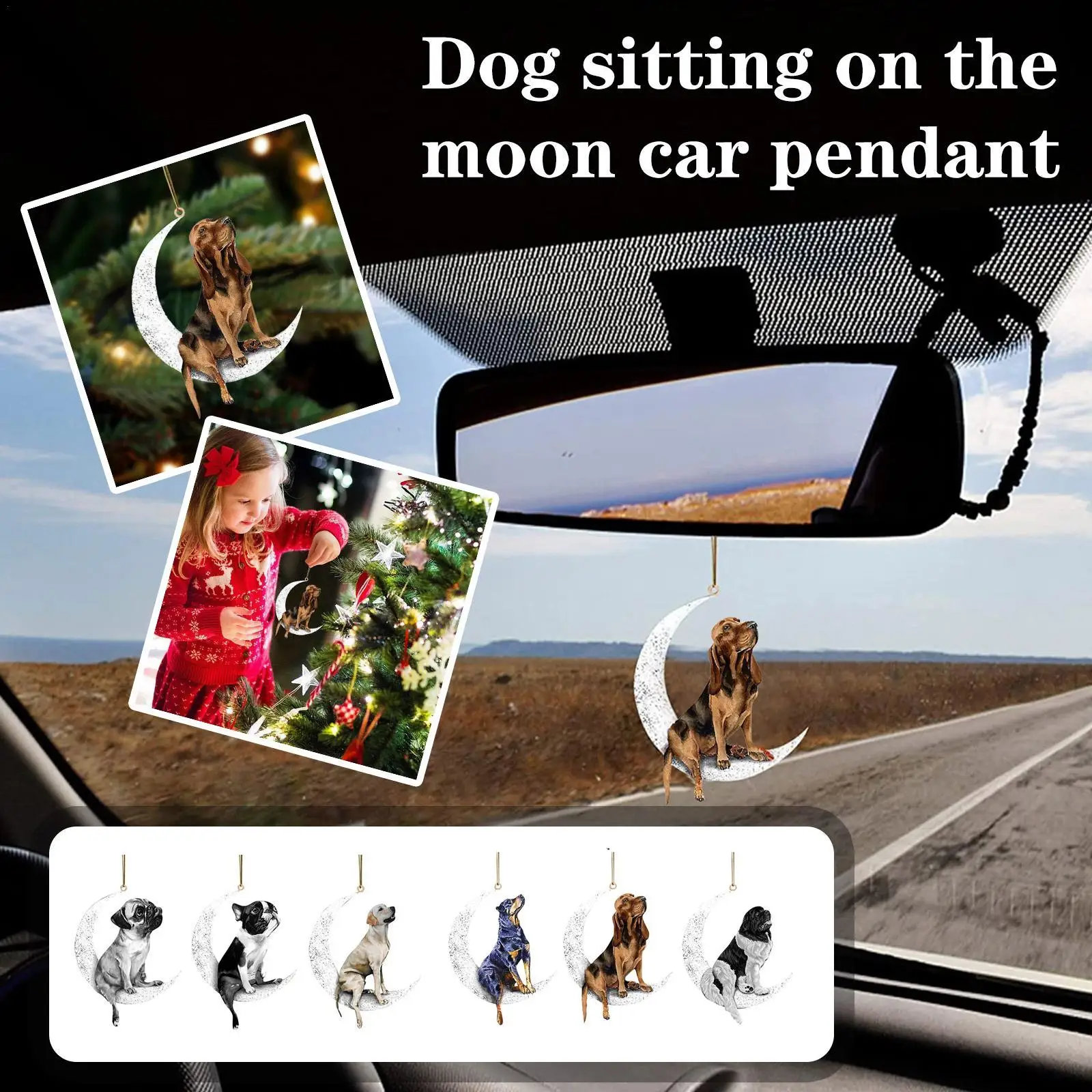 

2D Car Rearview Mirror Pendant Dog Pendant Sitting On The Moon Cute Teddy Puppy Hanging Ornament Keychain Pendant Interior Decor