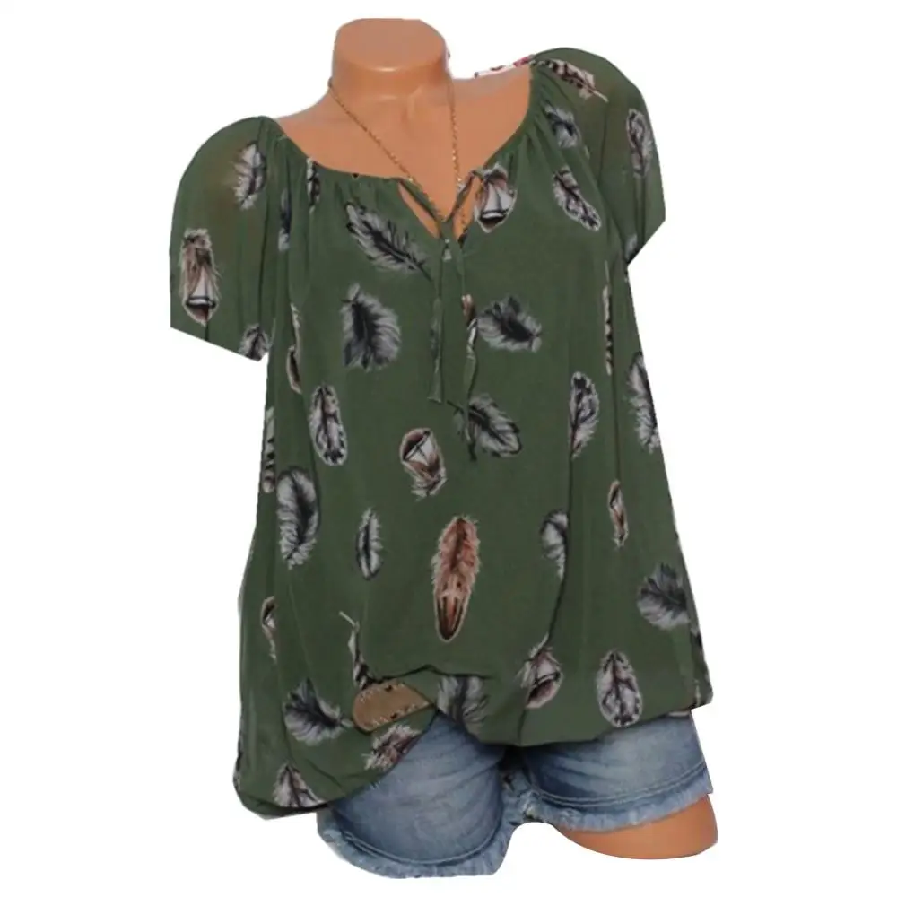 Hot Sell Plus Size Feather Print Lady Summer Bandage V Neck Short Sleeve Blouse Loose Top
Hot Sell Plus Size Feather Print Lady Summer Bandage V Neck Short Sleeve Blouse Loose Top
