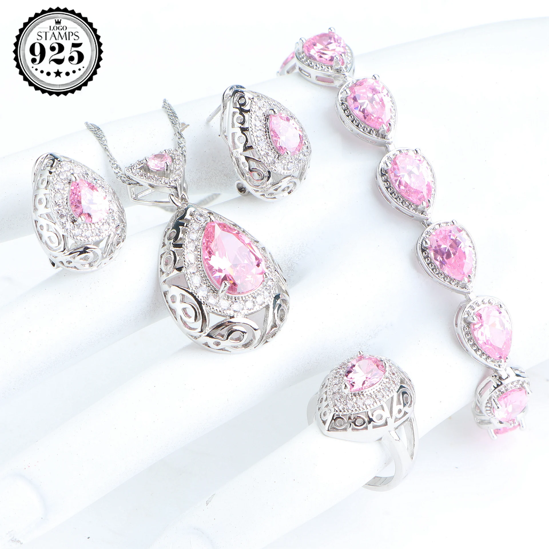 Fine Bridal Jewelry Sets 925 Silver Jewelry Wedding Pink Zircon Earrings Rings Pendants Necklace Charms Bracelets Set For Women
Fine Bridal Jewelry Sets 925 Silver Jewelry Wedding Pink Zircon Earrings Rings Pendants Necklace Charms Bracelets Set For Women