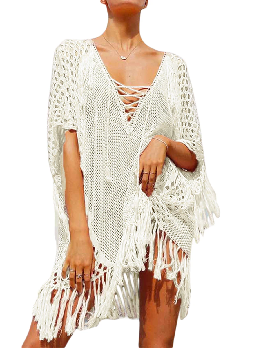 Women's Bikini Cover-Up, Loose Fit 3/4 Sleeves See-Through Hollow Out Knitted Beach Tassel Dress
Women's Bikini Cover-Up, Loose Fit 3/4 Sleeves See-Through Hollow Out Knitted Beach Tassel Dress