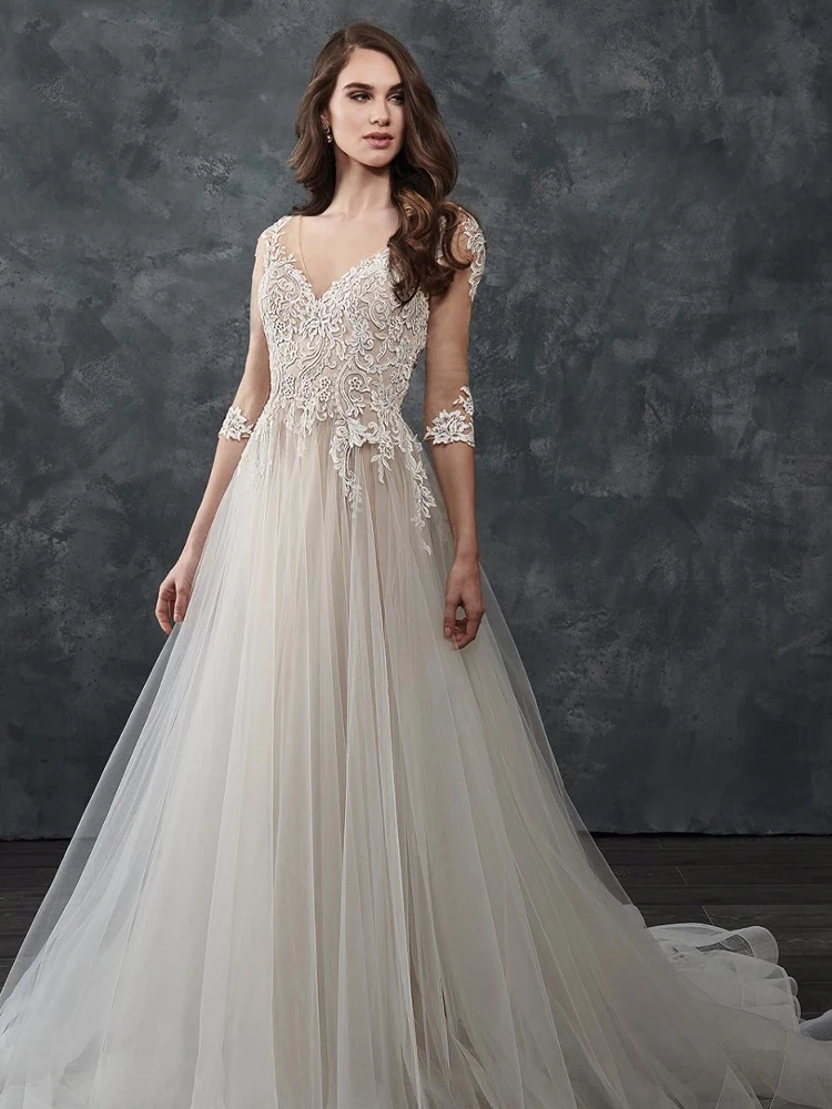 Wedding Dresses White Dress Sexy Tulle Long Sleeve V-Neck A-Line Retro Slim Lace Print Backless Bridal Dress Long Customizable
Wedding Dresses White Dress Sexy Tulle Long Sleeve V-Neck A-Line Retro Slim Lace Print Backless Bridal Dress Long Customizable