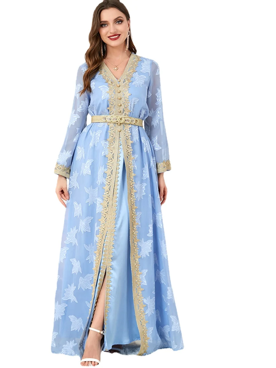 Abaya Femme Musulman Dubai V Neck Belt Leaf Printing 2 Piece Set Womens Outfits Light Blue Mesh Dress
Abaya Femme Musulman Dubai V Neck Belt Leaf Printing 2 Piece Set Womens Outfits Light Blue Mesh Dress
