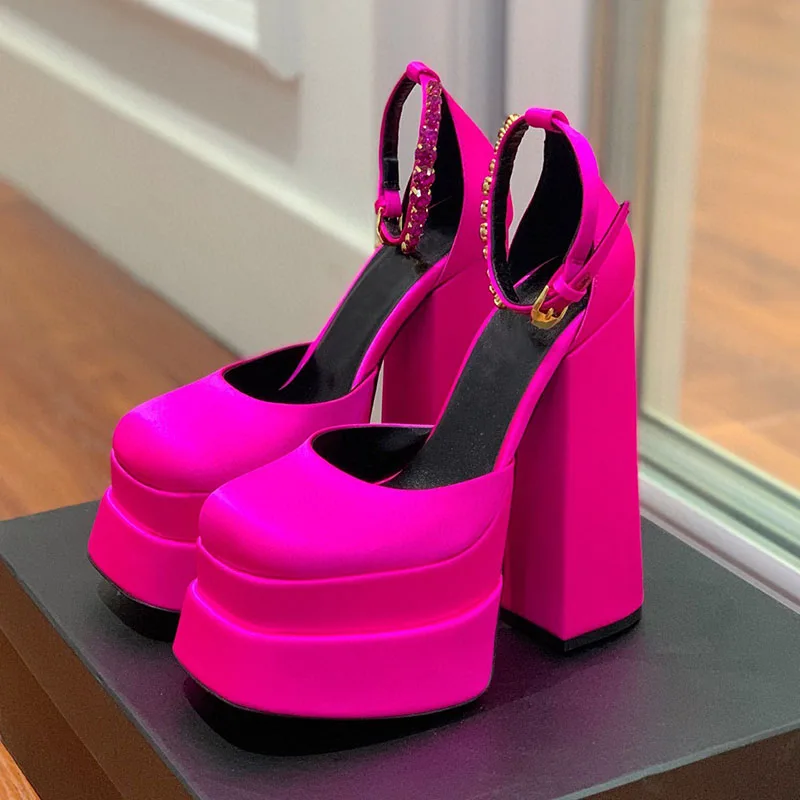

Wedges Sandal Platform Pumps Silk Super High Heel Square Toe Thick Bottom Slingback 15.5 Cm Waterproof Runway Bride Shoes