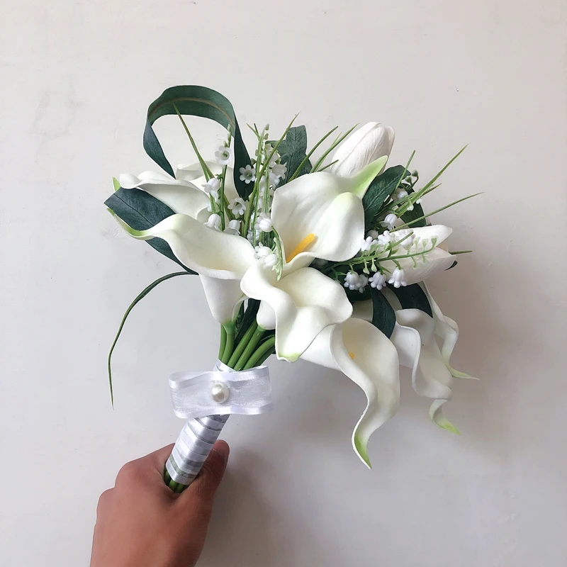 

Small Wedding Bouquet For Bride Real Touch PU White Bridal Bouquet Fleur Artificielle Calla Lily Bridesmaid Flower Marriage Deco