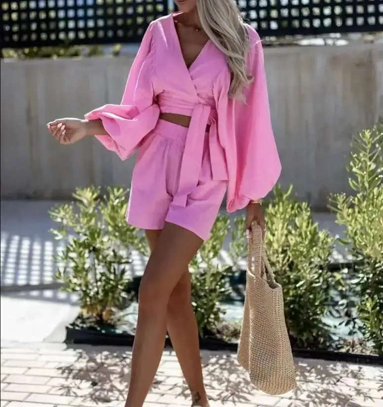 Two Piece Sets Womens Outfits Shorts Lantern Sleeve Tied Crop Top & Pocket Shorts Set Elegant Fashion Street Wear Office Lady
Two Piece Sets Womens Outfits Shorts Lantern Sleeve Tied Crop Top & Pocket Shorts Set Elegant Fashion Street Wear Office Lady