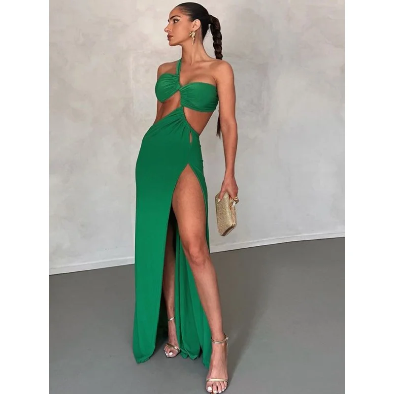 

Solid Diagonal Neckline Backless Evening Dress For Women With Sexy Slit Long Dress Fashionable Evening Party long dress