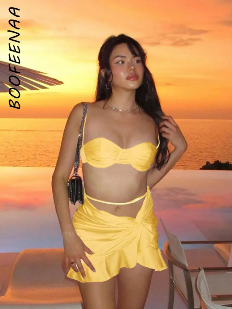 

BOOFEENAA 2 Piece Short Sets Ruffle Mini Skirt and Smocked Bralette Crop Top Sexy Summer Vacation Outfit for Woman 2023 C66-DZ10