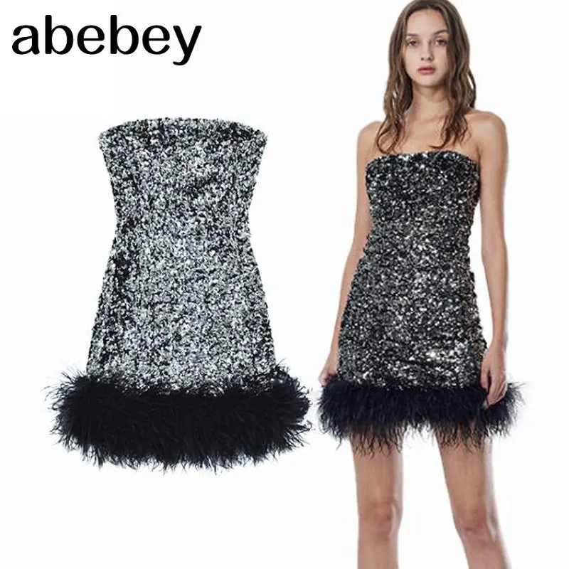 Fashion Glitter Shiny Sequined Strapless Sexy Zevity Party Birthday Dress Feather Chic Slim Lady Girl Elbise
Fashion Glitter Shiny Sequined Strapless Sexy Zevity Party Birthday Dress Feather Chic Slim Lady Girl Elbise