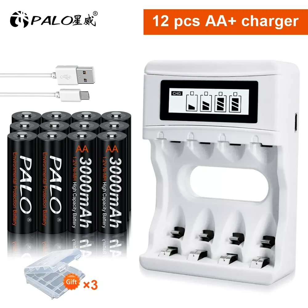 

PALO AA Battery NIMH AA 3000mAh 1.2V 2A Ni-Mh aa Rechargeable Batteries AA Bateria Baterias and 1.2V smart USB battery charger