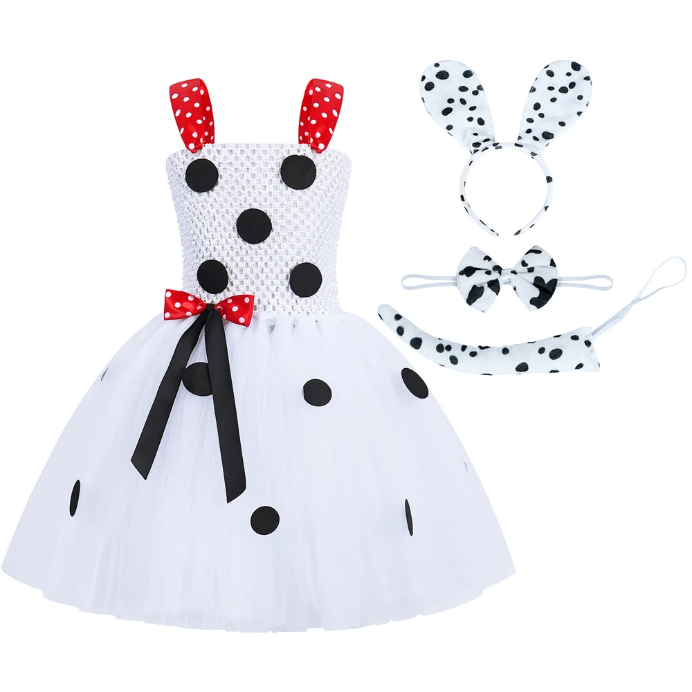 

Jurebecia Baby Kids Girl Dalmatian Dog Milk Cow Costume Tutu Dress With Ears Headband Bowtie Tail For Halloween Cosplay Birthday