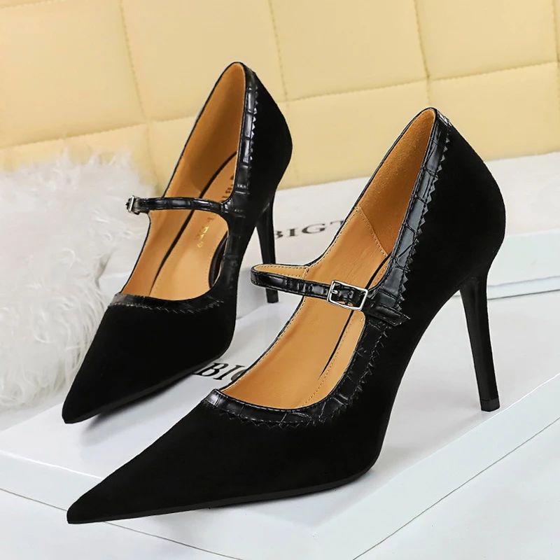 

BIGTREE Fashion Mary Janes Buckle Strap Pumps Wedding Women's Thin Heels Sexy Pointed Toe Party Shoes Zapatillas De Mujer