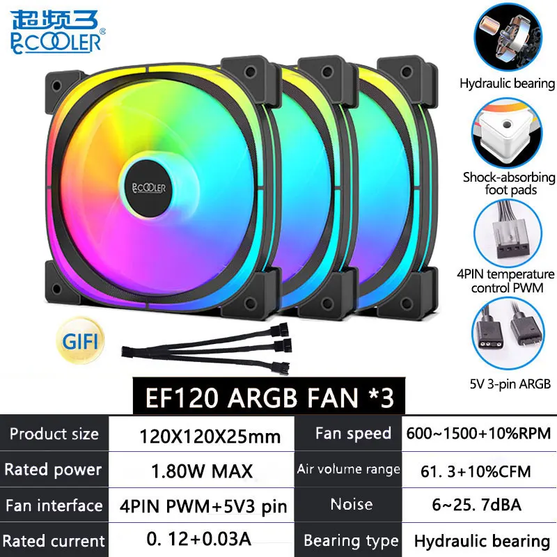 Pccooler EF120 120mm Fan 5V 3pin ARGB Fan Kit 61.3CFM 25.7dBA Purity Copper Hydraulic Bearing Shock Absorption Fan
Pccooler EF120 120mm Fan 5V 3pin ARGB Fan Kit 61.3CFM 25.7dBA Purity Copper Hydraulic Bearing Shock Absorption Fan