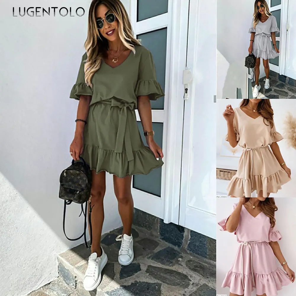 Women Summer Casual Dress Solid Ruffles Short Sleeve V-neck Hem Folds Female Lace-up Thin Pullover Street Simple Short Clothing
Women Summer Casual Dress Solid Ruffles Short Sleeve V-neck Hem Folds Female Lace-up Thin Pullover Street Simple Short Clothing