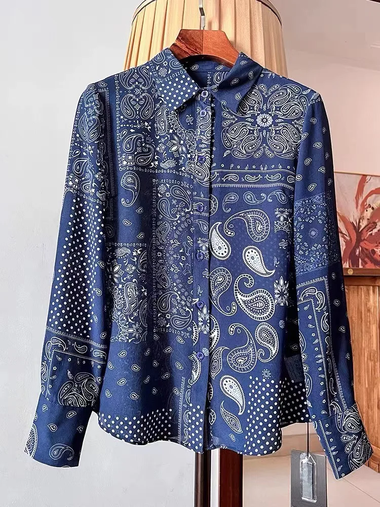 Blue Vintage Print Long Sleeve Silk Shirt Women Mulberry Silk Blouse
Blue Vintage Print Long Sleeve Silk Shirt Women Mulberry Silk Blouse