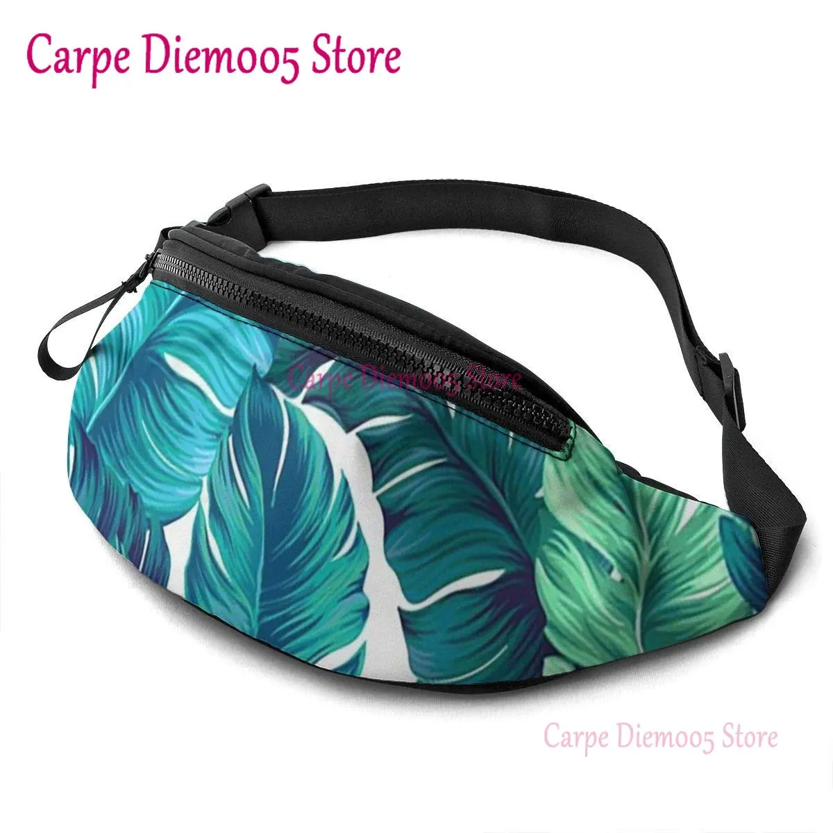 

Hawaiian Turquoise Palm Leaves Waist Bag with Headphone Hole Belt Bag Adjustable Sling Pocket for Women Men Kids Outdoors