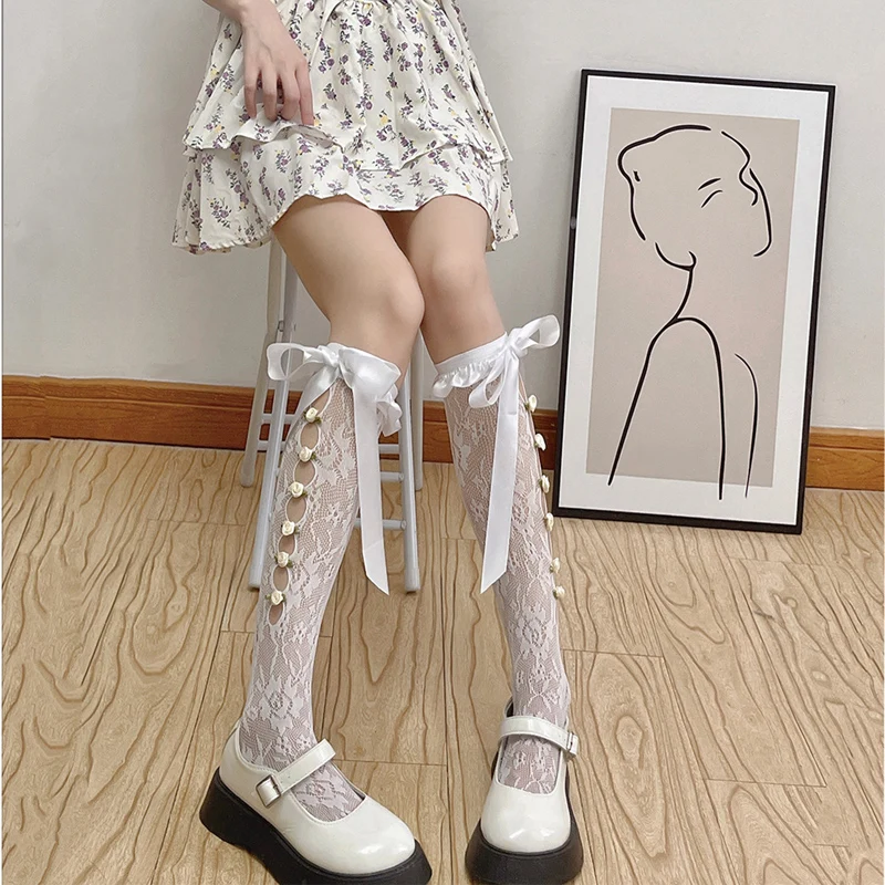 Cute Sweet Women Socks Lace Bow Fishnet Sock Gentle Retro Hollow Out Stocking Sexy Knee Length Calf Stockings Lolita Party Wear 
Cute Sweet Women Socks Lace Bow Fishnet Sock Gentle Retro Hollow Out Stocking Sexy Knee Length Calf Stockings Lolita Party Wear