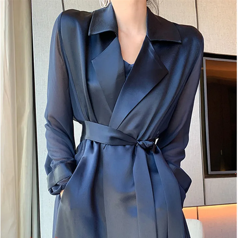 

Y2K Designer Women Clothes Windbreaker Women 2023 New Mid Long Autumn Thin Coat Organza Sleeve Acetate Coat Trench