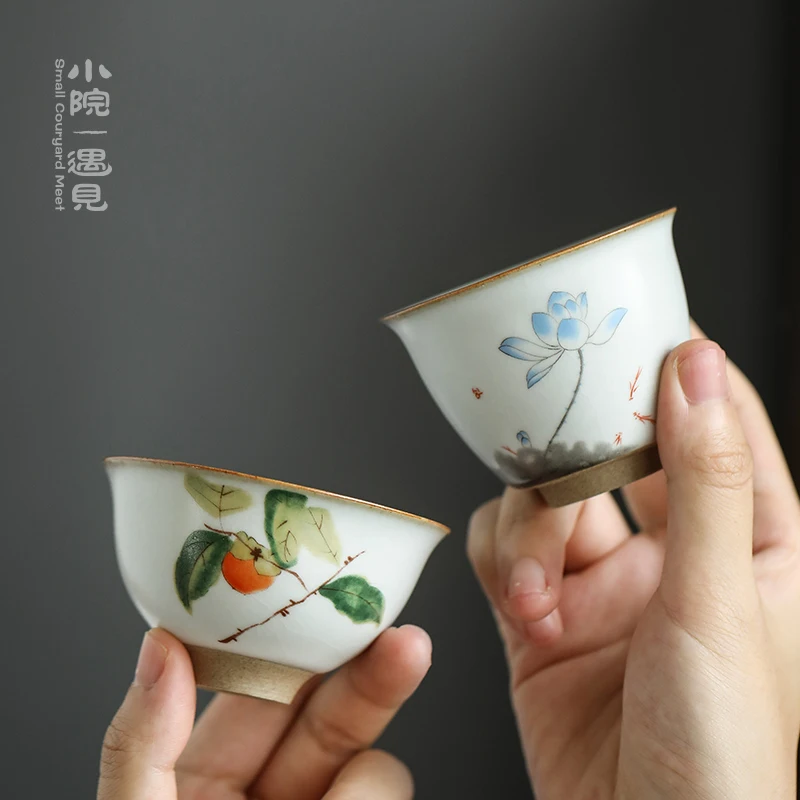 

Ceramic Ru Ware Tea Cup Hand Drawn Kung Fu Teaware Single Tea Cup Gracked Glaze Supportable Master Cup Tea Cup Set