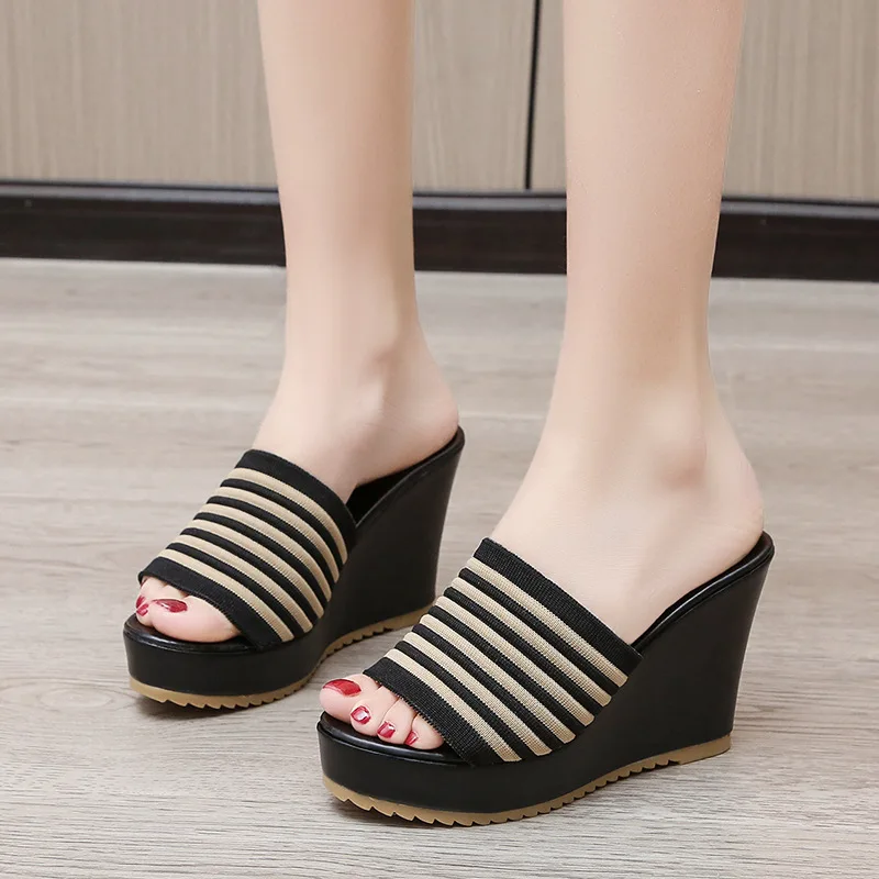 

Women's Wedge Slippers Comfortable Knit Upper Peep Toe Slippers Open Toes Flatform Sandals Fashion Platform High Heels Slides