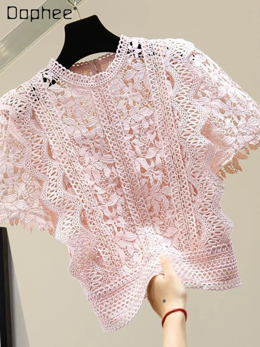 Woman Solid Color High Waist Short Sleeve Lace Tshirts 2022 Summer Korean Style Pullover Hollow-out Hook Flower Tee Top Women
Woman Solid Color High Waist Short Sleeve Lace Tshirts 2022 Summer Korean Style Pullover Hollow-out Hook Flower Tee Top Women