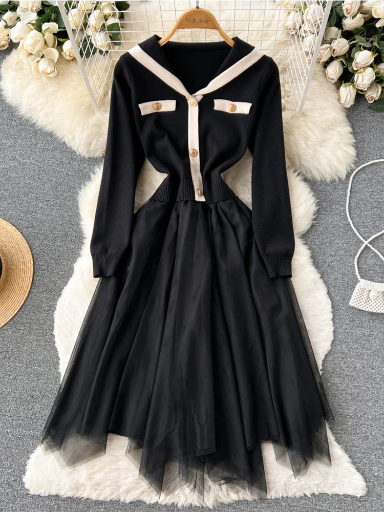 FTLZZ Autumn Winter Women V-neck Button Knitted Dress Vintage Lace Mesh Patchwork Dress Office Lady Solid Knee-Length Dress
FTLZZ Autumn Winter Women V-neck Button Knitted Dress Vintage Lace Mesh Patchwork Dress Office Lady Solid Knee-Length Dress