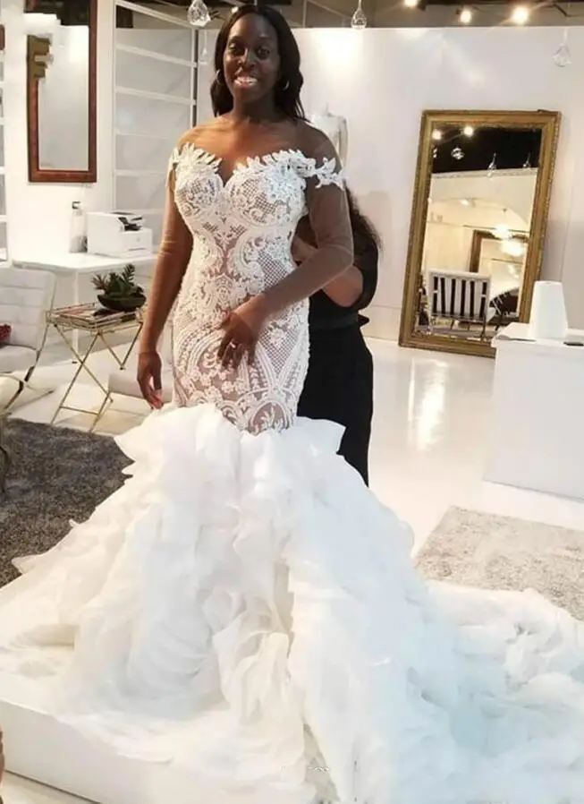African Long Sleeves Wedding Dresses Lace Mermaid Illusion Luxury Ruffles Custom Made Plus Size Wedding Bridal Gown vestido de
African Long Sleeves Wedding Dresses Lace Mermaid Illusion Luxury Ruffles Custom Made Plus Size Wedding Bridal Gown vestido de