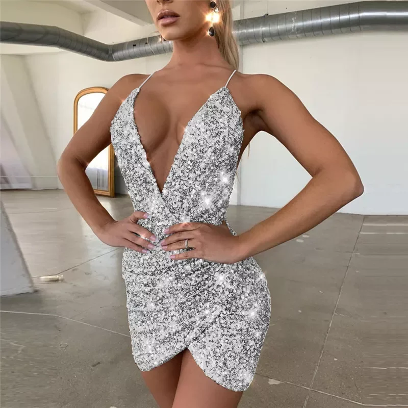 Women Sequin Glitter Sling Bodycon Dress Sexy Summer Party Club Short Vestidos Lady Fashion Solid V-neck Backless Wrap Sundress
Women Sequin Glitter Sling Bodycon Dress Sexy Summer Party Club Short Vestidos Lady Fashion Solid V-neck Backless Wrap Sundress