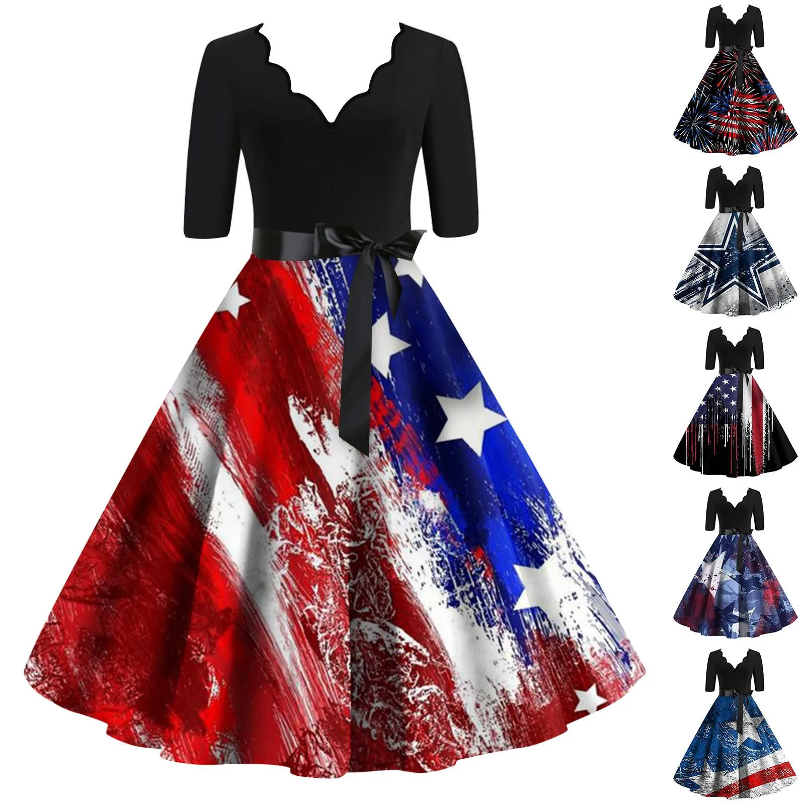 Women'S Fashion Dress V-Neck Independence Day Outdoor Casual Slim Fit Fashionable Printed Half Sleeve Dress With Belt Vestidos
Women'S Fashion Dress V-Neck Independence Day Outdoor Casual Slim Fit Fashionable Printed Half Sleeve Dress With Belt Vestidos