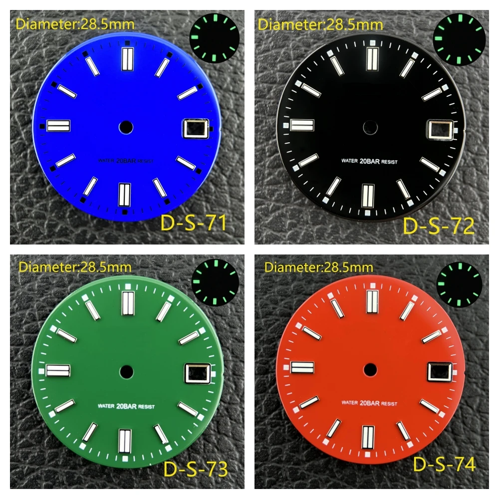 

New Watch Dials Diameter 28.5mm Green/Blue Luminous Dial Watches Accessories For NH35 NH36 Automatic Movement With S Logo