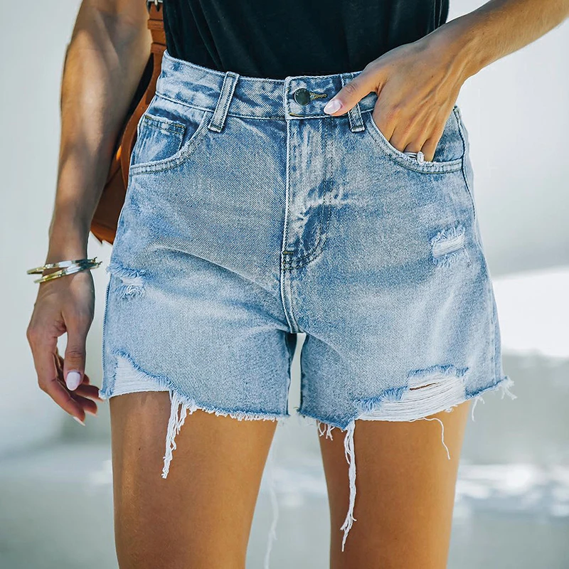 New Temperament Casual Burr Hole Wash Waist Button High Elasticity 3 Points Blue Jeans Shorts
New Temperament Casual Burr Hole Wash Waist Button High Elasticity 3 Points Blue Jeans Shorts